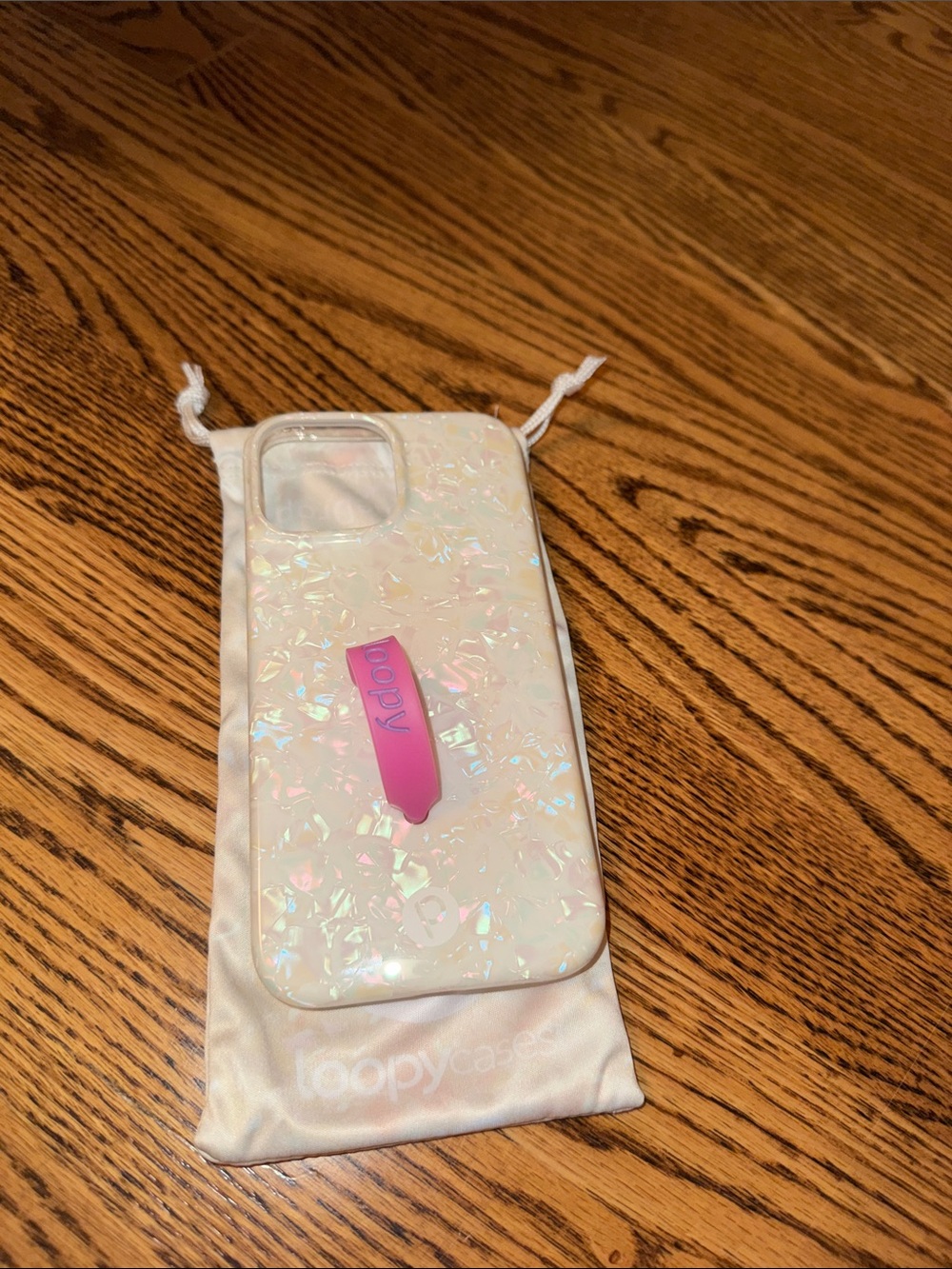 Loopy Case Iridescent White Opal iPhone 12/13 Pro Max Case with Pink Loopy Grip